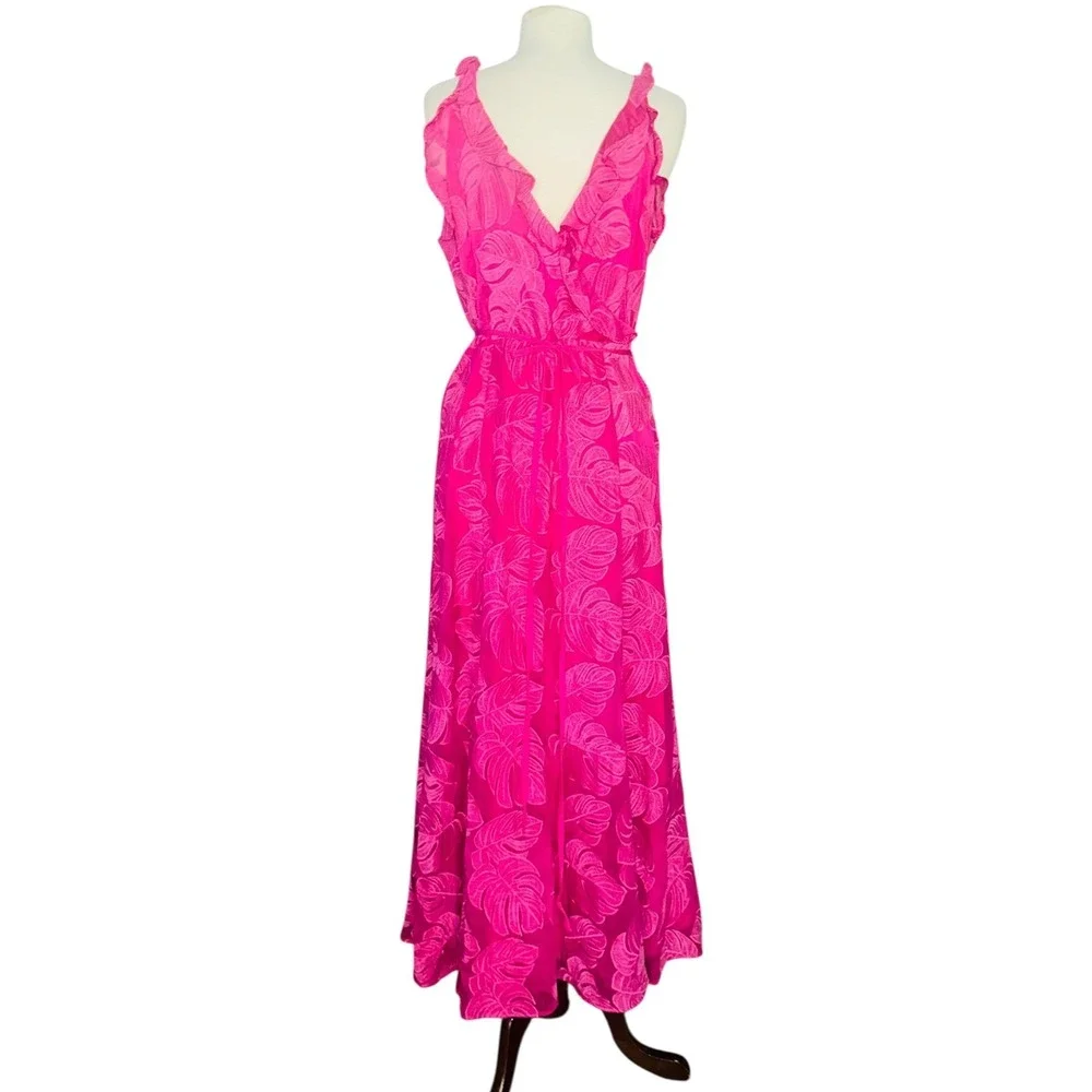 Hutch Anthropologie Tropical Leaf Ruffle Maxi Dress Cruise Large Summer A6